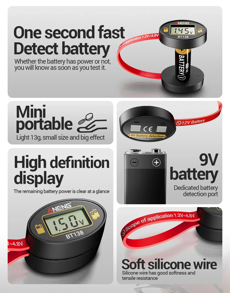 ANENG BT138 Kapazitätstester LCD Universeller Batterieprüfer für AA AAA C D 9V 1,5V Lithium- und Knopfzellenbatterien – Detail 10
