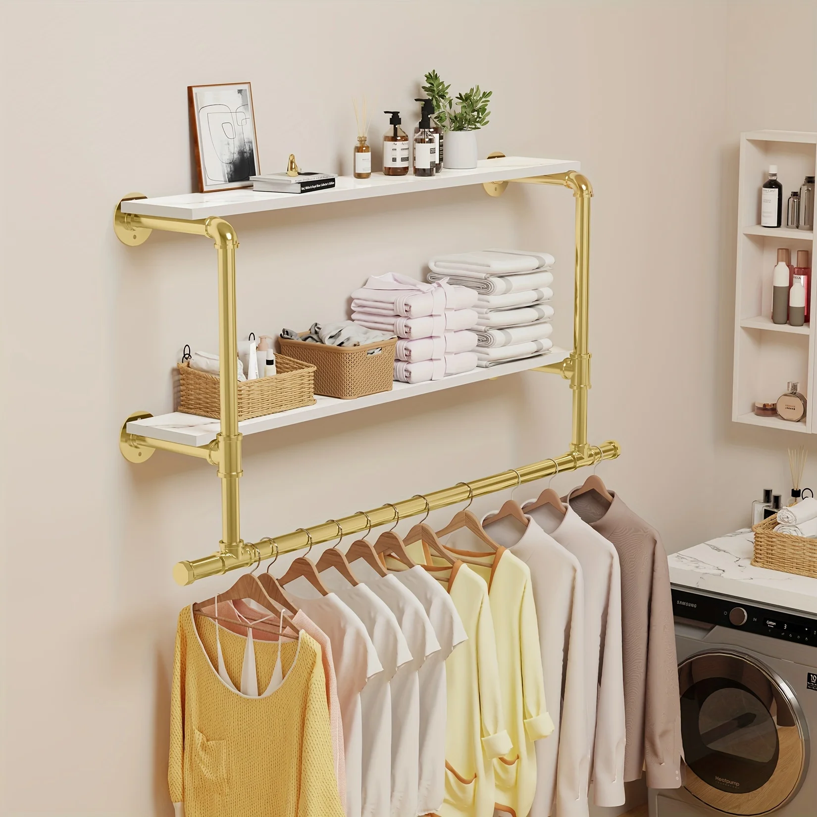 

2-tier Top Wood Shelves Space Saving Wall Hanging Rack for Laundry Room, Closet Storage