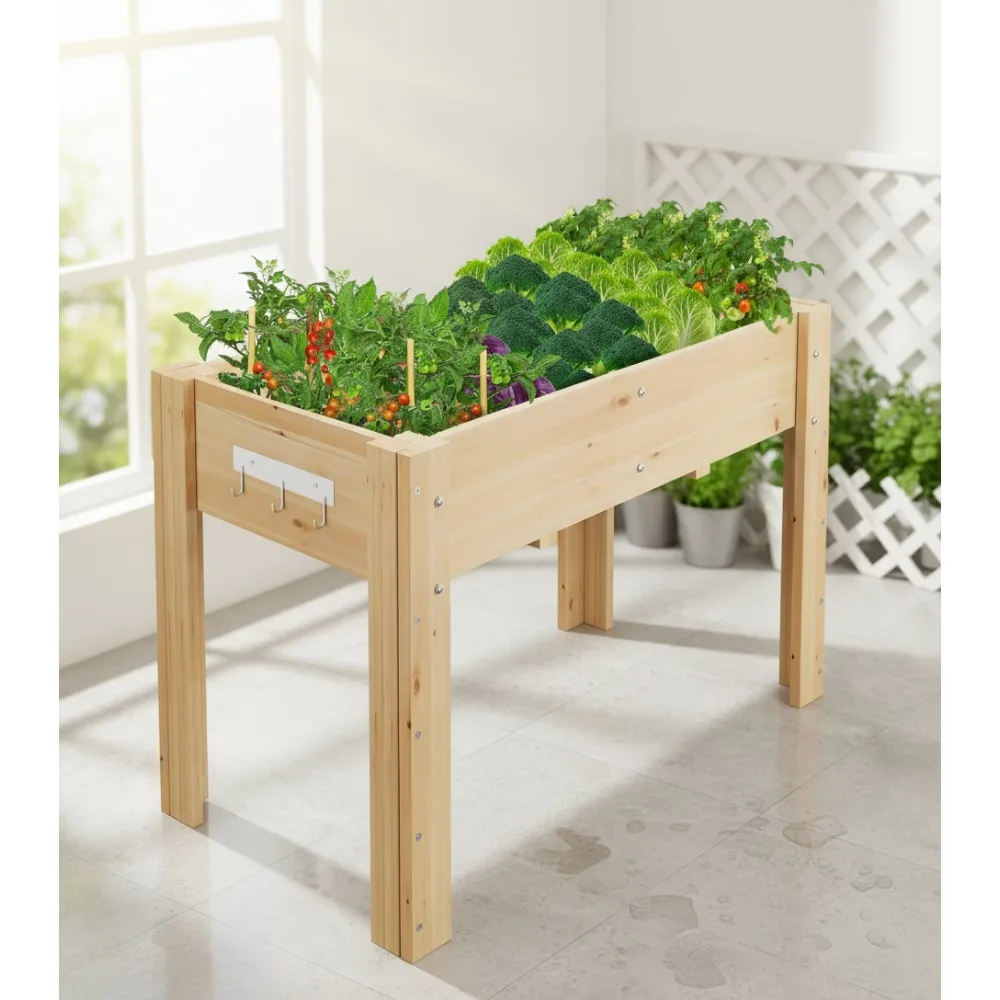

Elevated Wooden Garden Bed with Legs & Hooks, 47x30x22 Inch Raised Planter Box for Vegetables Herbs Outdoor Patio Backyard