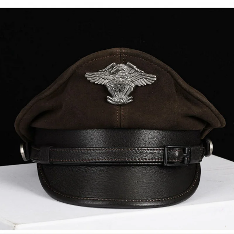 Luxury Winter Genuine Leather Hat Men Male Germany Officer  Warm Cap Locomotive Retro German Military Hat Cortical Casquette