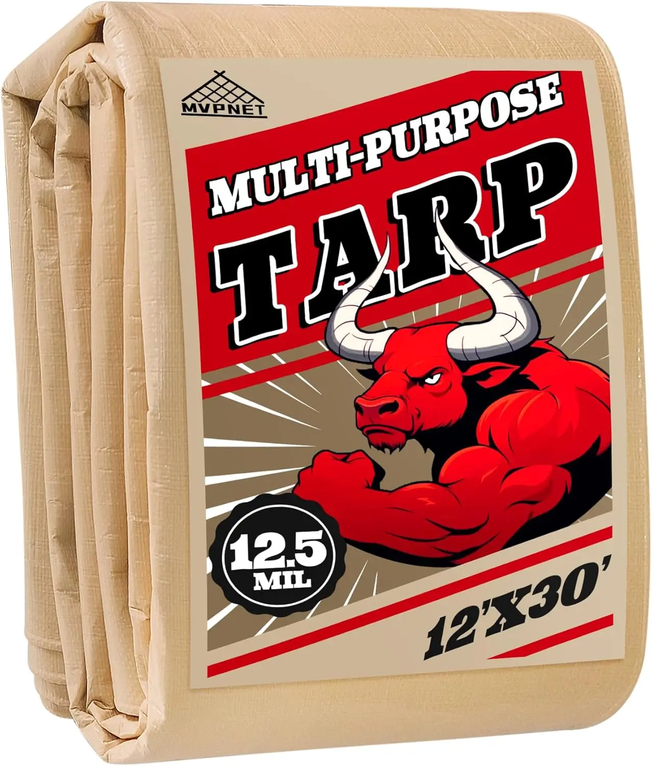 

12x30 Heavy Duty Waterproof Tarp, 12.5mil, Beige, Multipurpose, UV & Tear Resistant, for Outdoor Furniture, Cars, Roofs
