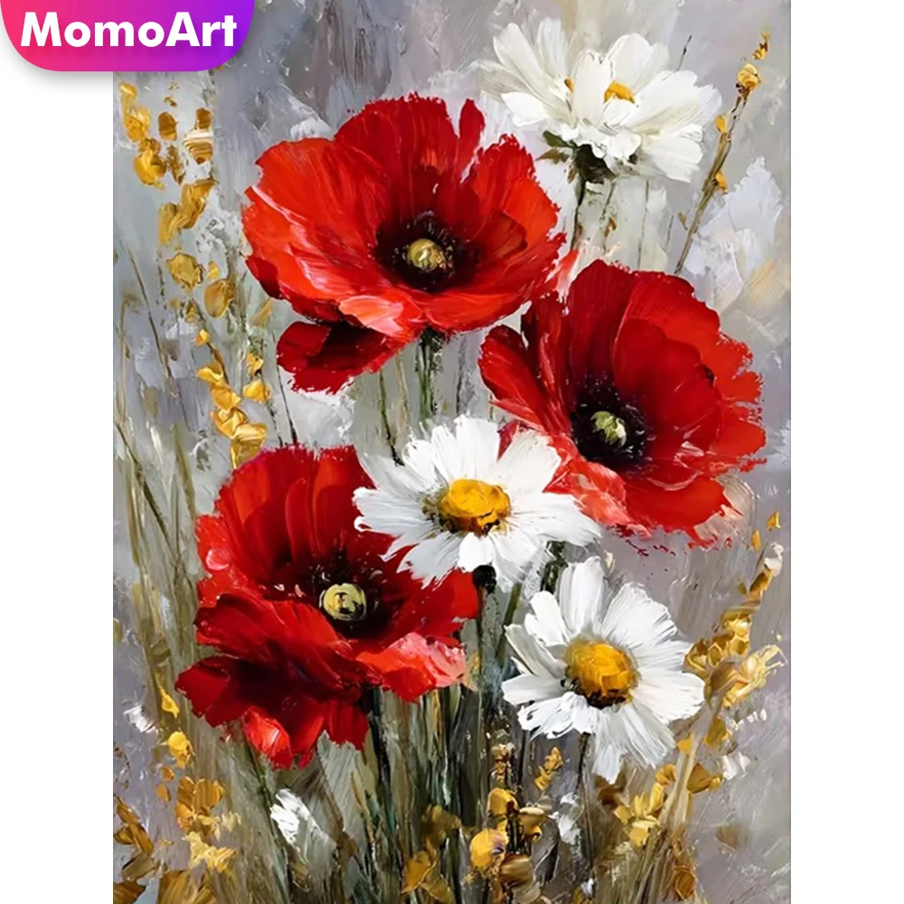 Momoart Diamant-Gemälde mit Blumenmotiv, quadratisch, rund, Diamant-Mosaik, Mohnblume, geeignet für Anfänger, Stickerei, Gänseblümchen, Heimdekoration