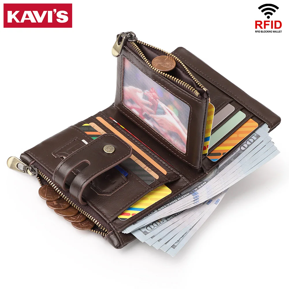 KAVIS 100% portafogli in vera pelle per uomo porta carte di credito RFID multifunzione con portamonete con cerniera durevole