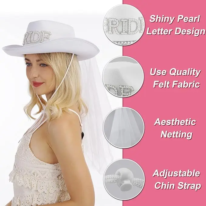 Braut-Cowgirl-Hut für Junggesellenabschied, Strass, weißer Cowboyhut für Frauen, Braut als Geschenk, Halloween-Kostüm – Detail 9