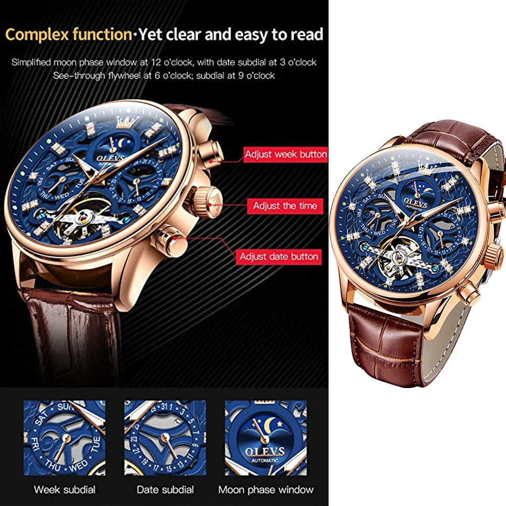 OLEVS Mechanical Watches for Men Skeleton Automatic Moon Phase Men\'s Business Wristwatch Waterproof Moonswatch Christmas Gifts