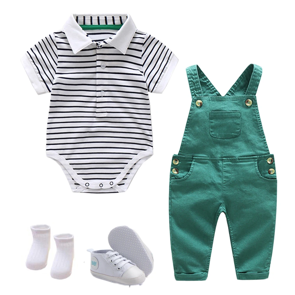 

Boys Summer Hat Suit Baby Clothes Set Cotton Cap + Striped Romper + Green Jumper + Shoes + Socks 5 PCS Casual Children Outfit