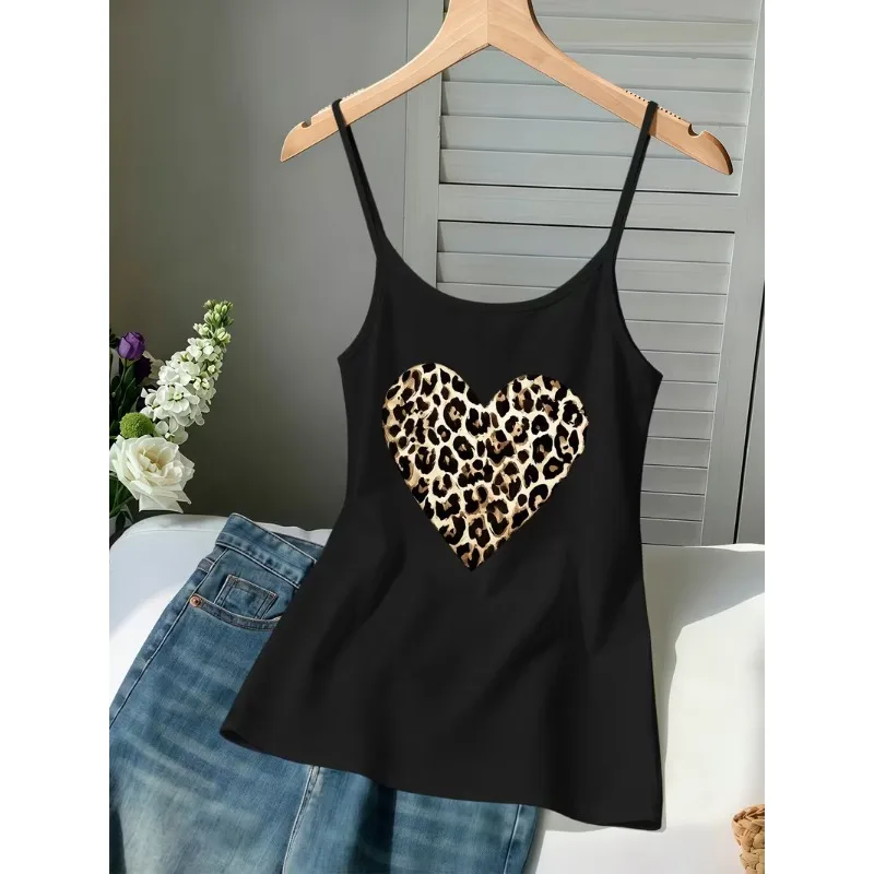 Women Leopard Print Heart Graphic Spaghetti Strap Camisole Tank Top Summer Sleeveless Vest Y2K Streetwear Daily Wear