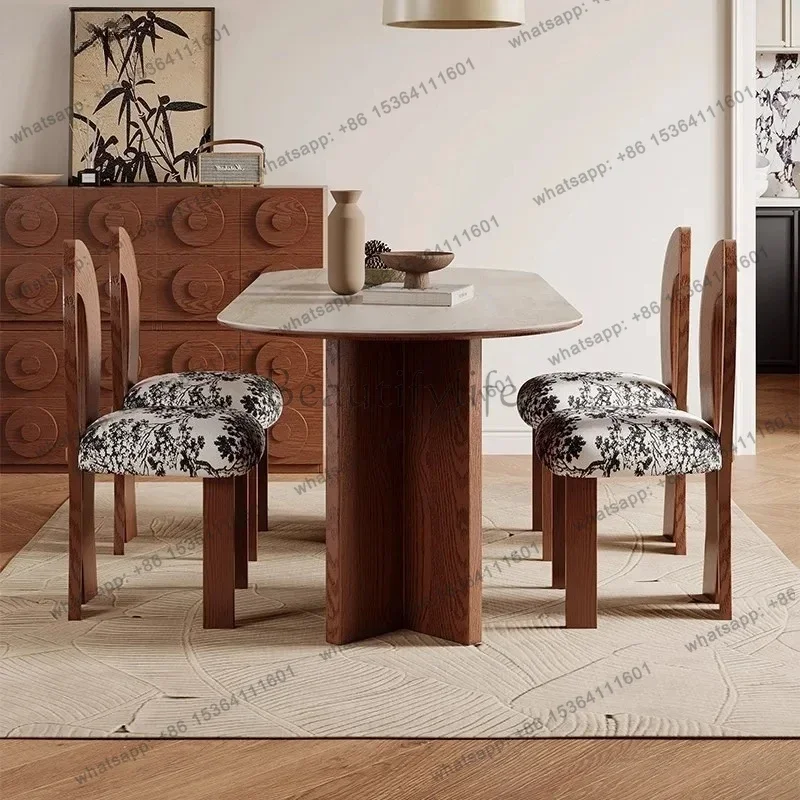 Dining Table for Home Use, Small Apartment Rock Board Dining Table and Chair Set, Oval Solid Wood Dining Table