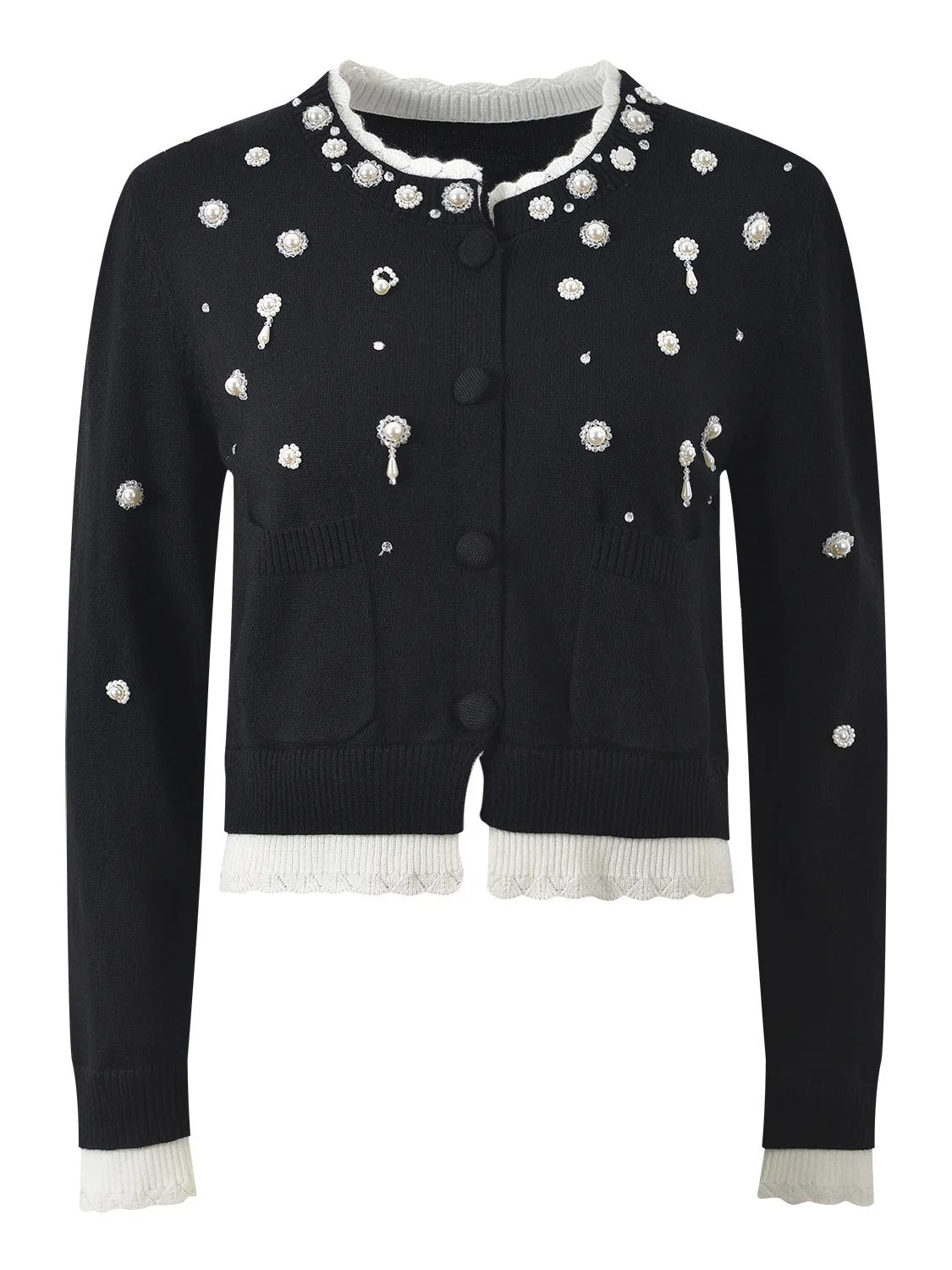 

Autumn Winter Bla White Color Blo Slim Fit Knitted Open Cardigan Top Versatile Sli Design Sense Bead Embelliment