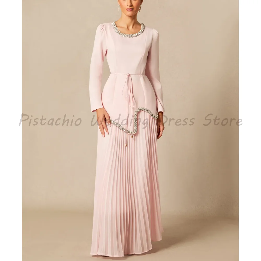 

Pink Long Sleeve Maxi Evening Dress 2026 Luxury Beaded Round Neck Pleated A-Line Formal Gown For Women