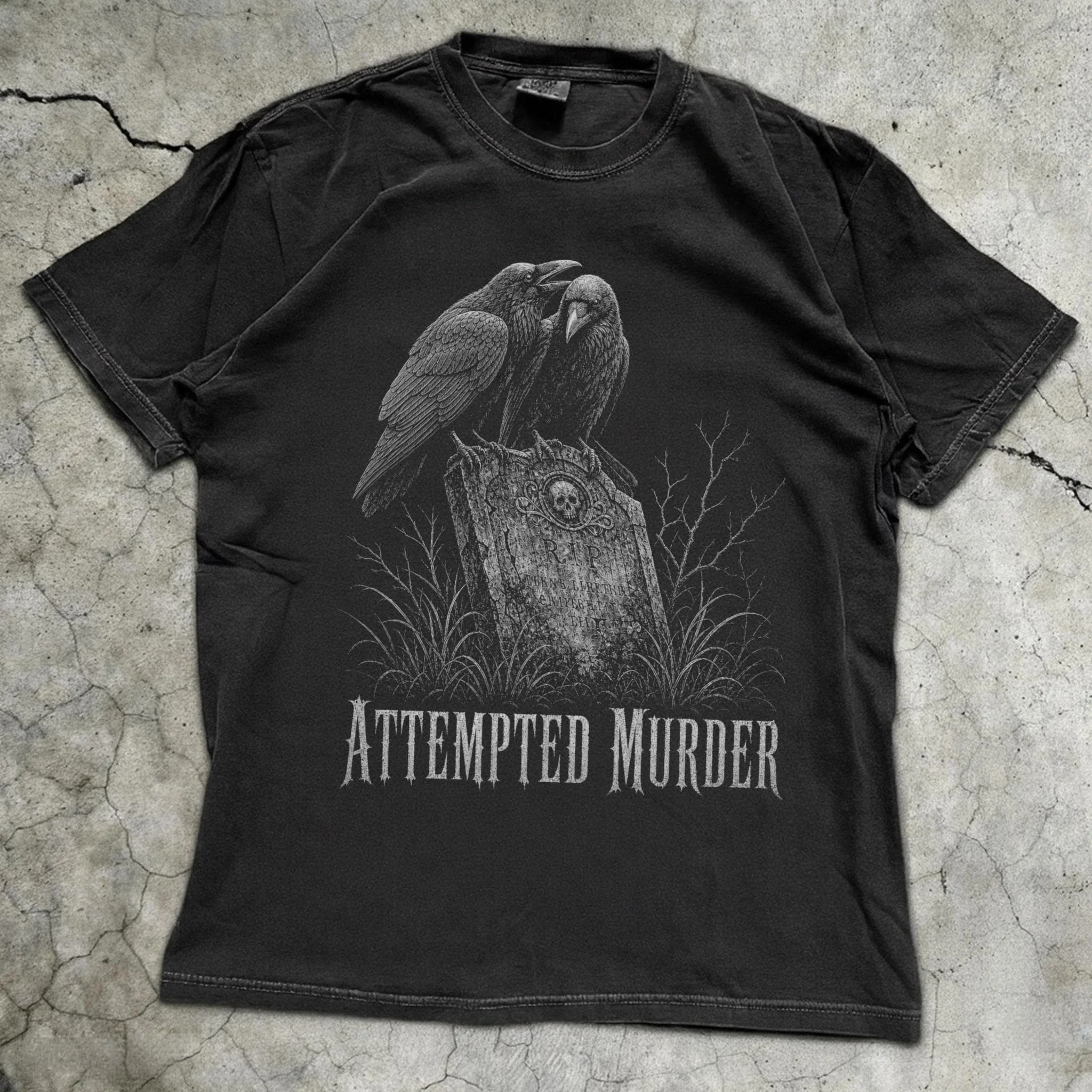 Funny Crow Graphic Tee, Attempted Murder Raven Shirt, Halloween Tshirt, Gothic Cemetery Bird Pun, Dark Humor Gift for Birder