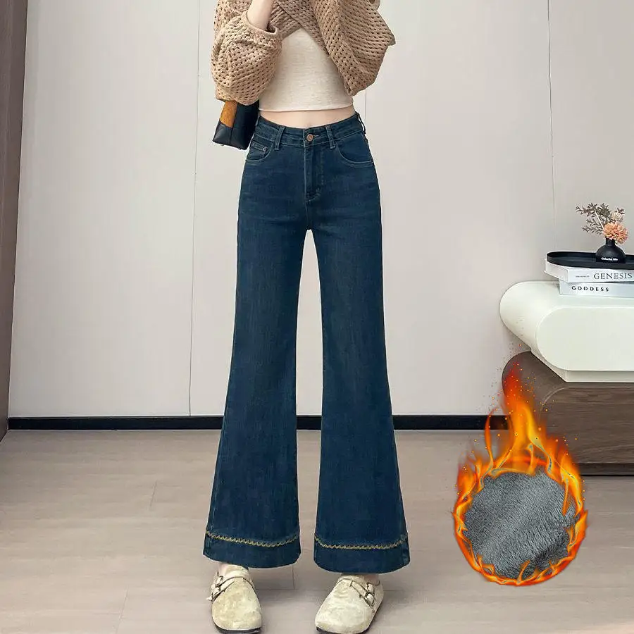 

Deep Blue Embroidered Thiened Fce High Waist Slimming Bell Bot Jeans Ele Sle Winter New Arrival Women's Premium...