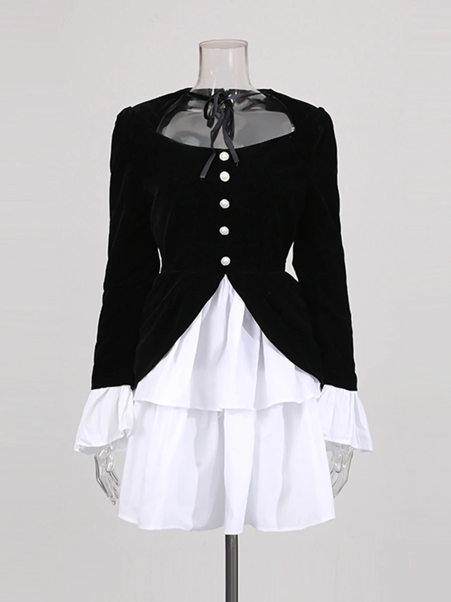 CHICEVER Colorblock Spliced Single Breasted Dress Female Square Collar Long Sleeve Elegant Women's Dresses Summer Fashion New