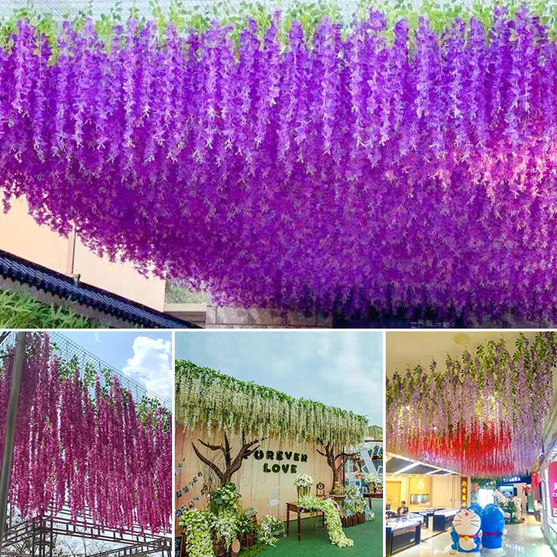 Artificial Wisteria Flower Hanging Garland, Rattan Fake Flower, String Flower, Wedding Party, Garden,  Home Wall Decor, 12PCS