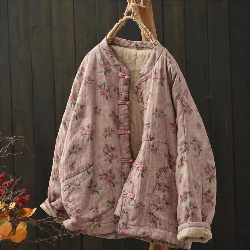 Women's Printed Retro Stand Up Collar Chinese Knot Button Cotton-padded Jacket Loose Drop Shoulder Coat Warm Parkas