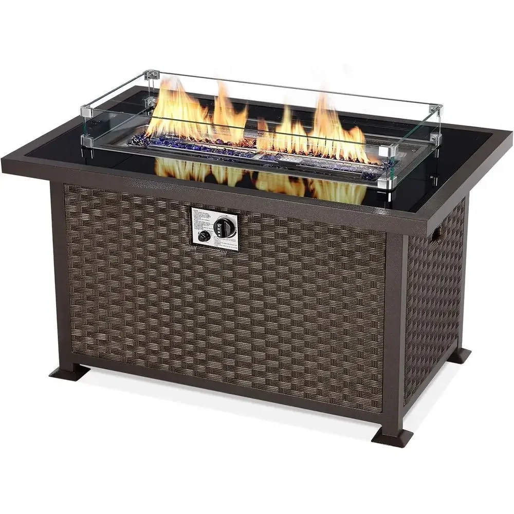 

44in Outdoor Propane Gas ire Pit Table, 50,000 Auto-Ignition Gas irt with Glass Wind Guard, Black Tempered Glass Tabletop & Blue