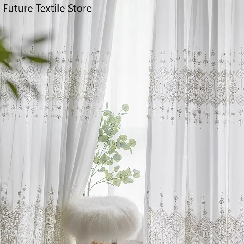 Embroidered light luxury window gauze white lace double gauze partition bay window Curtains for Living dining room bedroom