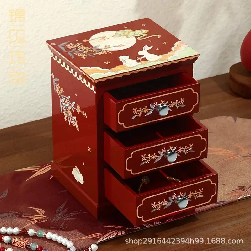 for Jinbei Legend Luodian Lacquer Jade Rabbit Jewelry Box Wooden Multi layer Large Capacity Bracelet Storage Dowry Gift for