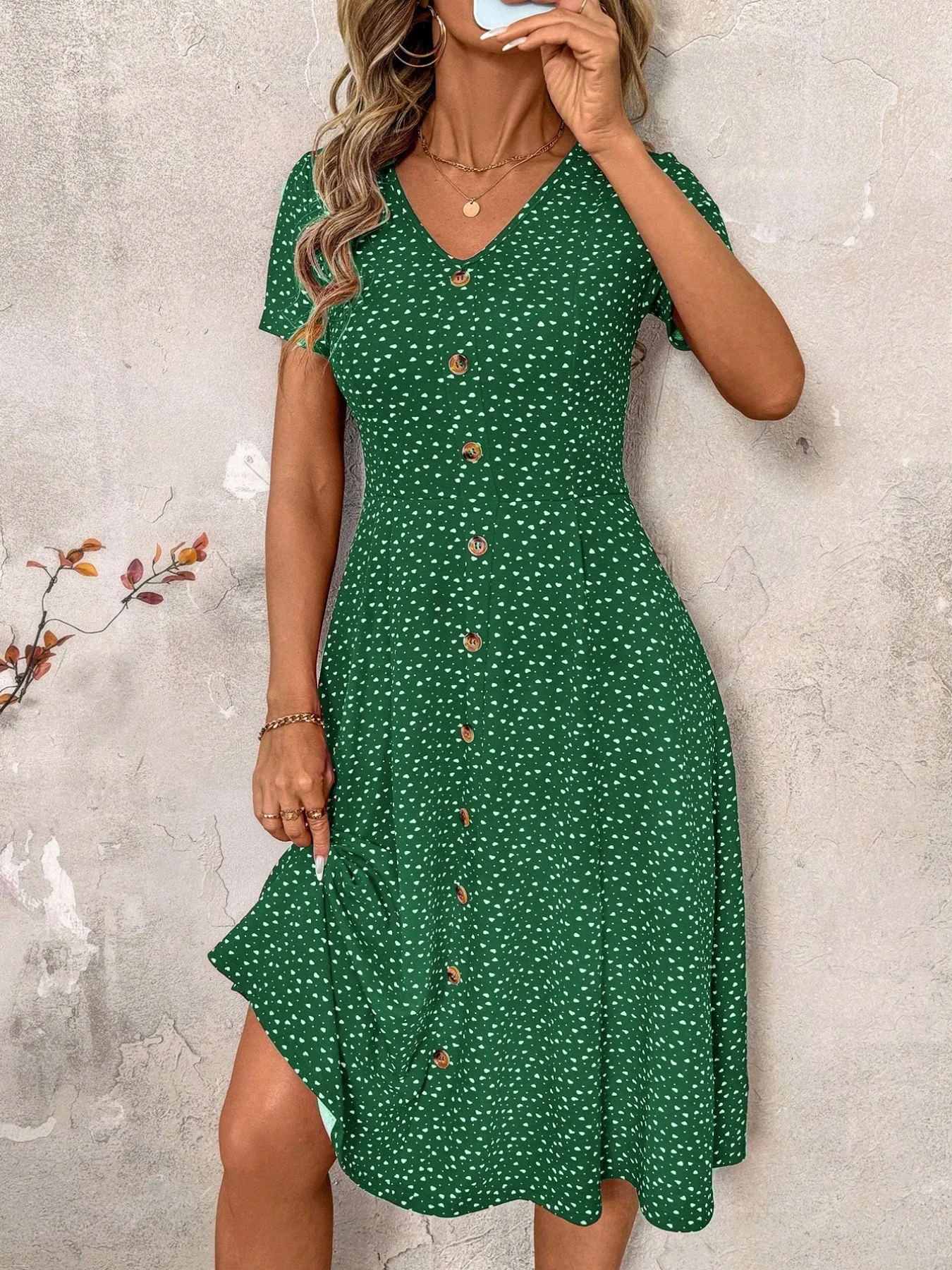 Damen Polka Dot V-Ausschnitt Midikleid Lässiges Knopfleisten-Kurzarmkleid A-Linie Swing Sommer Strandkleid – Detail 13