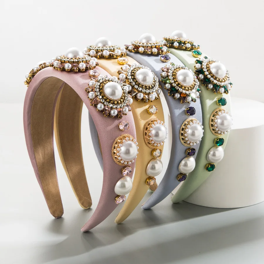 

Повязка на голову Heming: новая модная модель, однотонная ткань, инкрустированная жемчугом и стразами, легкая роскошная повязка в ретро-стиле, аксессуар для волос.