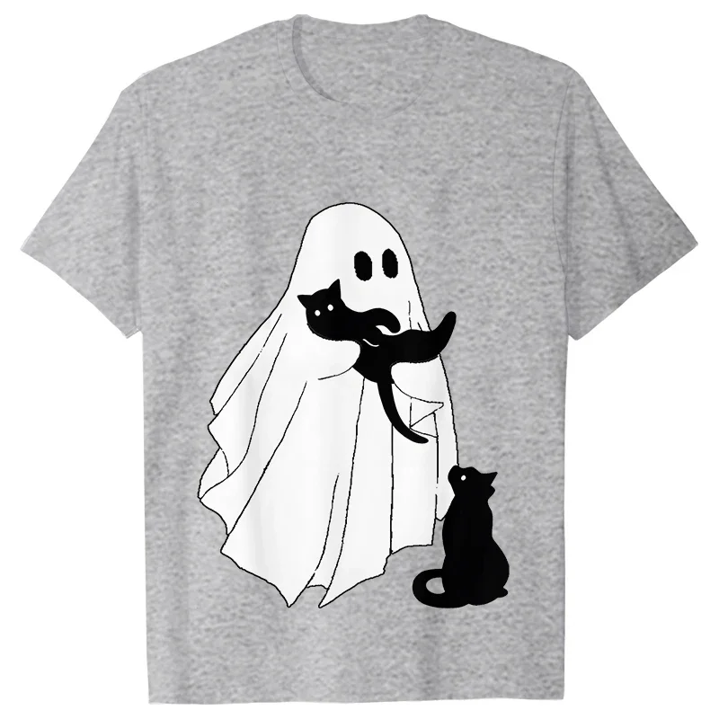 Women\'s Ghost Holding Black Cat Halloween Print Tee Shirt Casual Female Ghost Cat T Shirt New Design Streetwear Women Tshirt