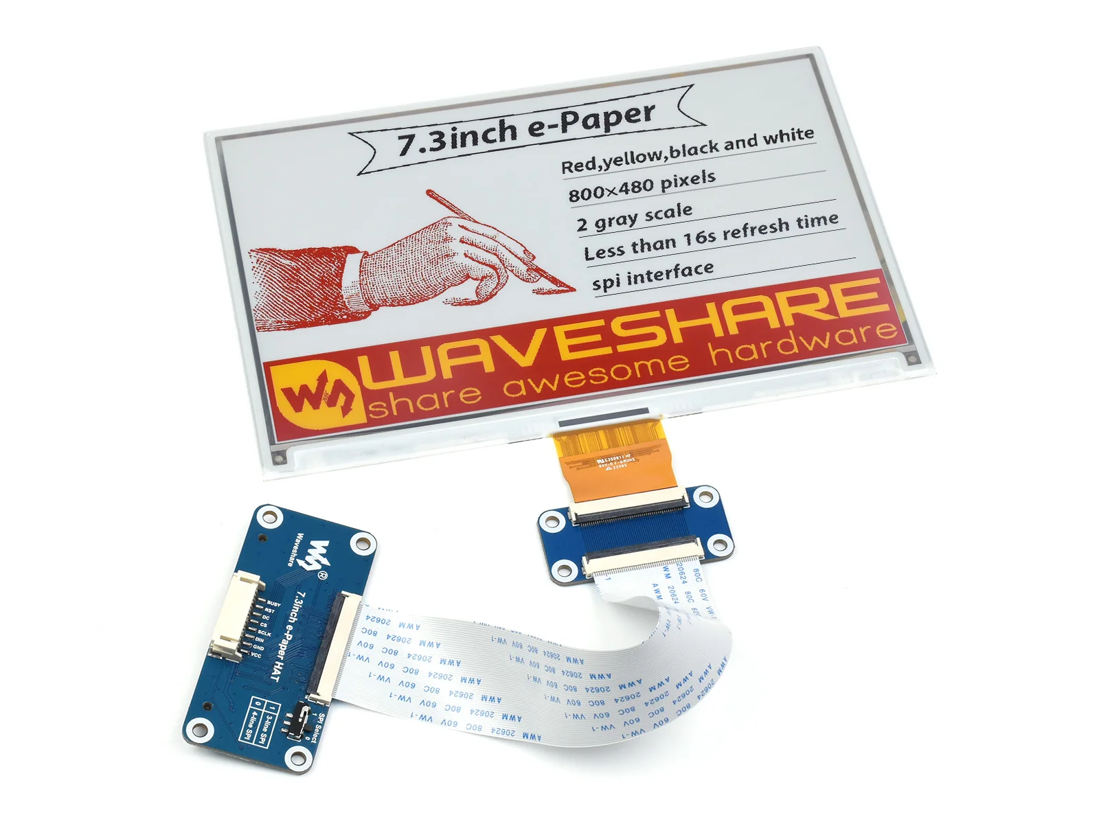 Waveshare 7.3inch e-Paper HAT (G) 800 × 480 Red/Yellow/Black/White Paper-Like Effect Without Electricity SPI