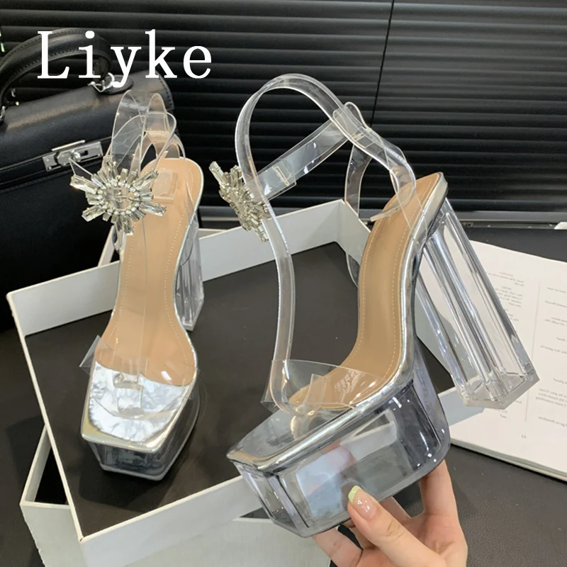 Liyke-salto alto plataforma para mulheres, fivela de strass, alça de tornozelo robusto, estilo pista, sandálias transparentes senhoras, casamento, sapatos de baile