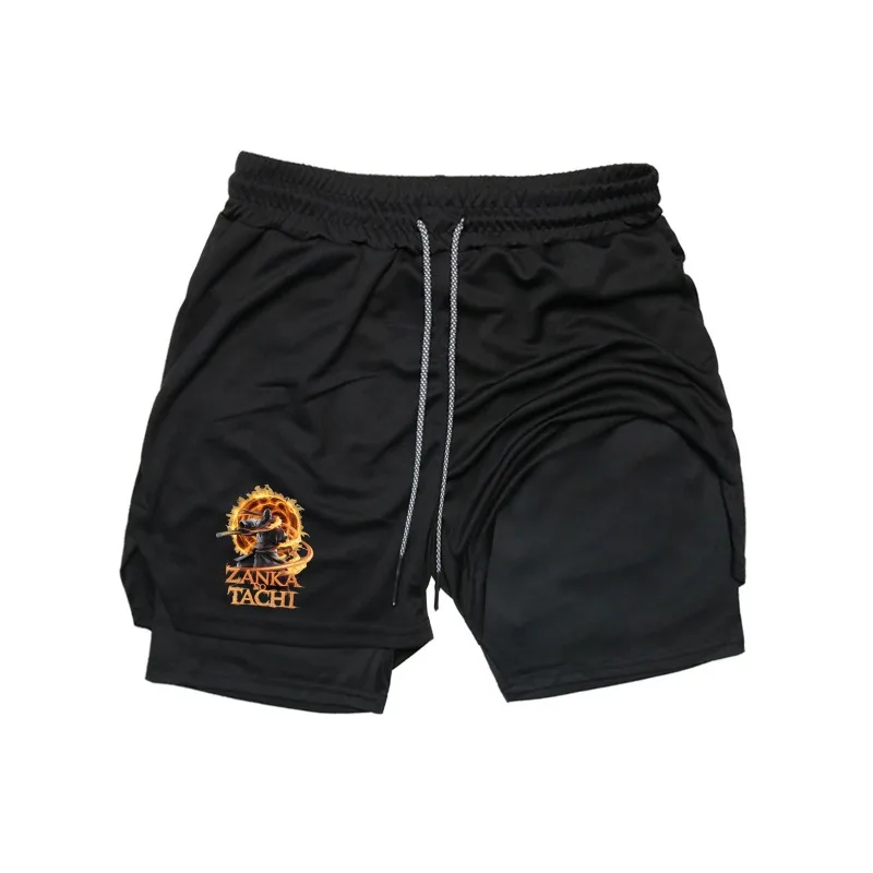 

Men's Double-deck Shorts Breathable Stretchy Gothic Print Shorts Summer Quick Drying Sports Fitness 2-In-1 Joggers Beach Short