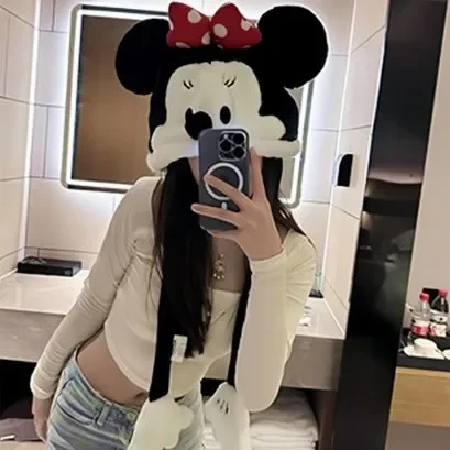 Genuine Disney Minnie Mickey Donald Duck Ear Hat Female Winter Cartoon Plus Velvet Warm And Cold-proof Hooded For Girls Xmas Gif