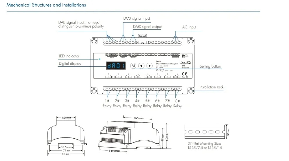 Imagem -05 - Controlador da Unidade de Relé para Luzes Led Trilho Din Trilho Din Trilho Din Din Dmx Rdm Canais 100240v Canais 16a Dh8 Dt7 Novo