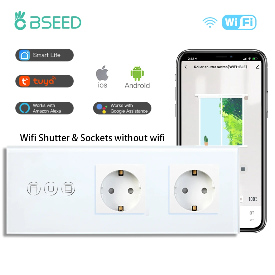 BSEED Wifi Shutter Touch Switch Smart Wall Switch For Blinds With Double Normal EU Power Socket Tuya Smart Life App Control