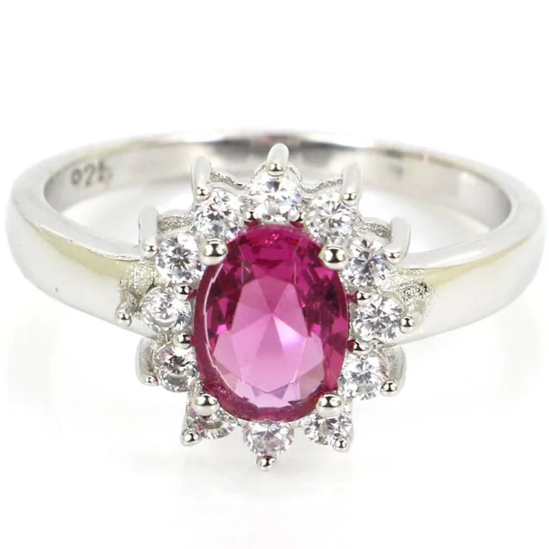 

13x12mm Jazaz 2.6g Real 925 Solid Sterling Silver Ring Pink Tourmaline White CZ Gift For Ladies