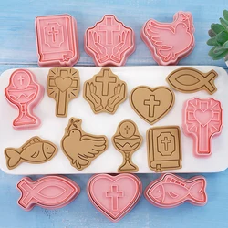 8pc Set First Holy Communion Cartoon Cookie Mold Christian Cross Baby Baptism Cookie Embosser Mold Fondant Cake Decorating Tools