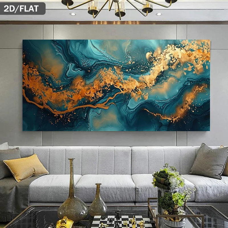 

Frameless Canvas Art Abstract Golden Waves in A Blue Ocean Design, Perfect for Modern Wall Decor in Living Rooms and Bedrooms.