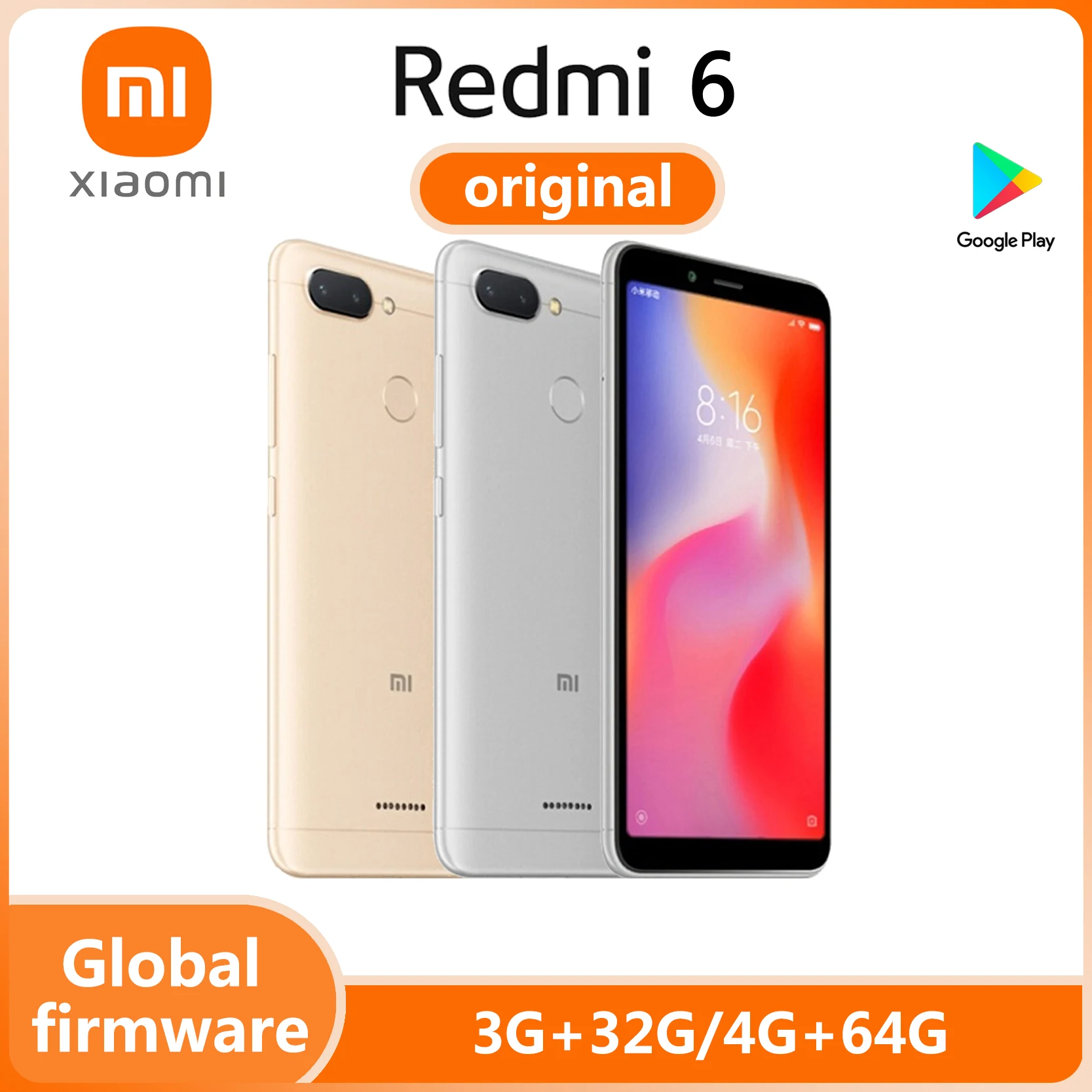 Xiaomi Redmi 6 Smartphone Googleplay Android Cellphone 4GB 64GB Face Unlocking 3GB 32GB used phone