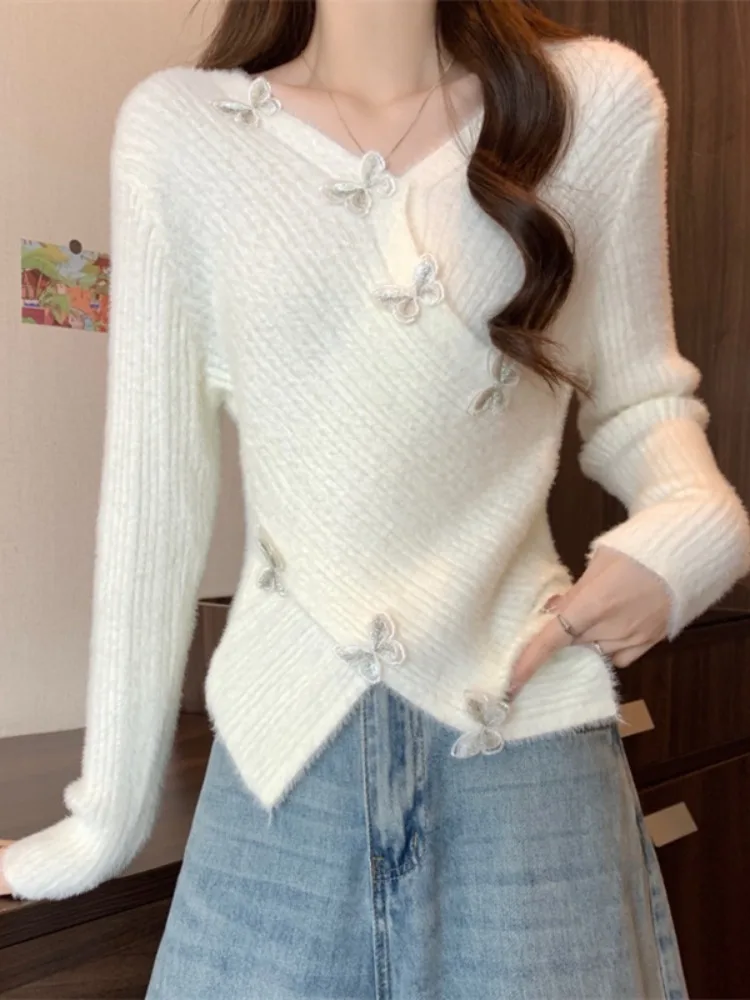 부드러운 브이넥 여성 니트 스웨터 매듭 디자인 슬림 핏 베이스 레이어 가을 겨울 따뜻한 롱 스웨터 탑
