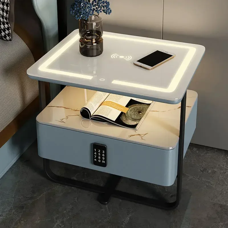 Simple Intelligent Bedside Table Ultra Glass with Wireless USB Charging Multifunctional Small Bedsides Cabinets Modern Cabinet