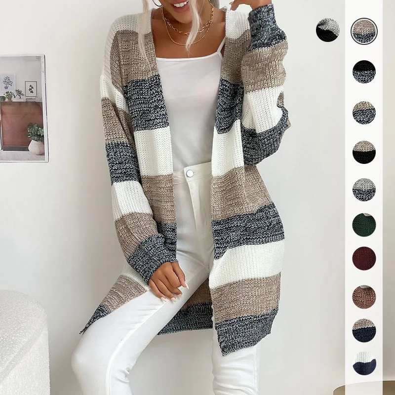 

Autumn And Winter Bestseller Women'S Long Buttonless Color Blocked Sweater Jacket