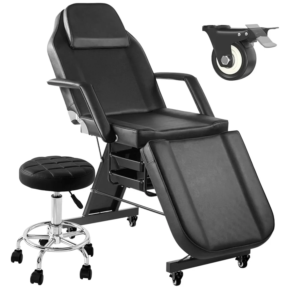 

Tattoo Chair Bed on Wheels, 72 Inch Three Section Facial Tattoo Bed with Spa Stool, with Removable Headrest, Black