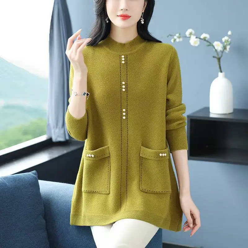 Middle-aged Women Wool Sweater Loose Large Size Mid Long Knitted Sweater Dress Mother Autumn Winter Thickened Bottoming Shirt