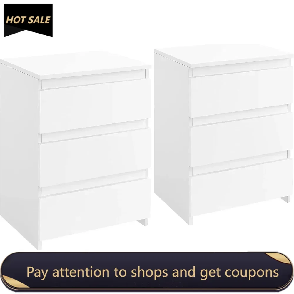 2PCS 3-Drawer Nightstands, White Bedside Tables with Storage Space, Modern Bedside Cabinet Units with Sturdy Base Freight free