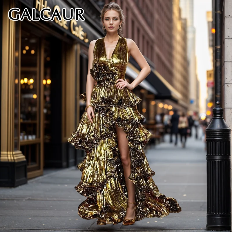 

GALCAUR Spliced Appliques Dresses For Women V Neck Sleeveless High Waist Patchwork Ruffles Split Solid Formal Dress Female 2024