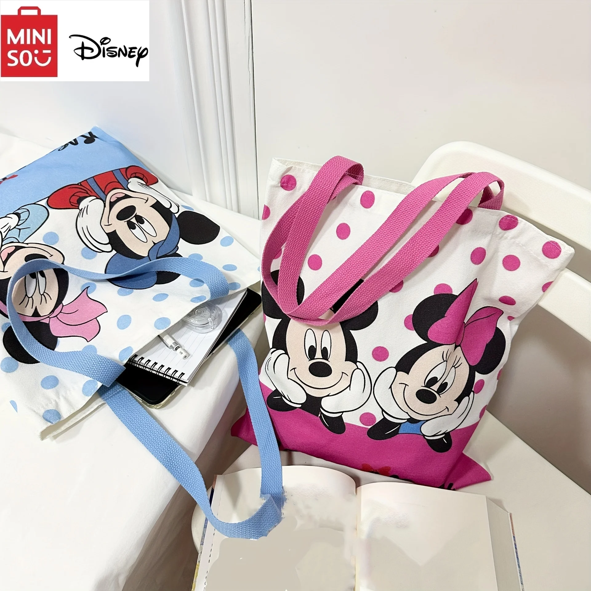 MINISO Disney Mickey e Minnie Cartoon borsa a tracolla in tela di grande capacità con motivo stampato creativo per le donne