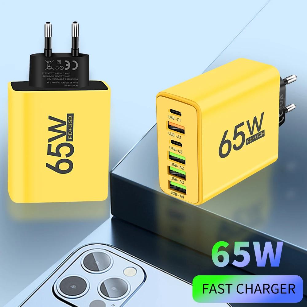 PD 65W USB Charger Fast Charging 6 Ports Type C Phone Charger For Iphone 13 14 15 Pro Max Xiaomi 12 13 14 Ultra Huawei Samsung