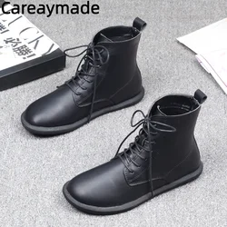 Careaymade-Handmade Genuine leather Women's Popular Short Boots  Super  Flat Bottom Cool boots Plush warm Boots big size 35-43