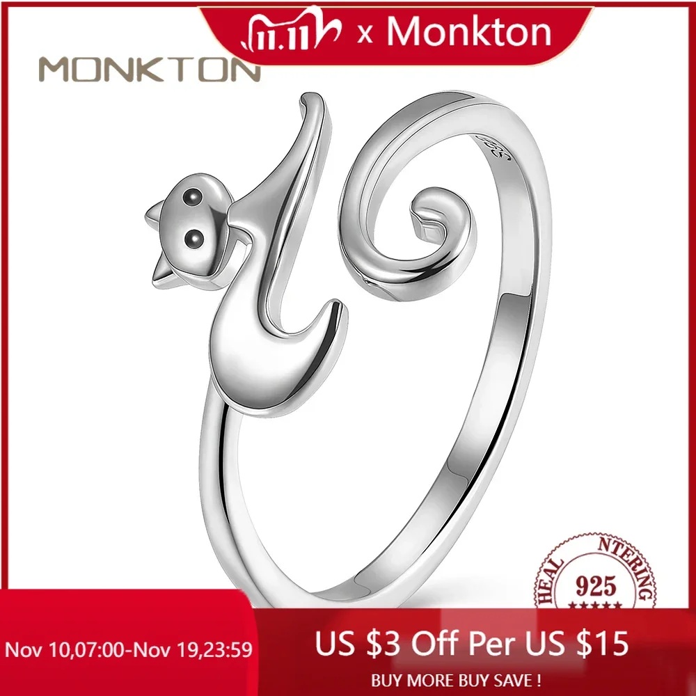 

Monkton Real 925 Sterling Silver Cute Long Tailed Cat Rings for Girls Opening Lovely Animal Stackable Finger Rings Jewelry Gifts