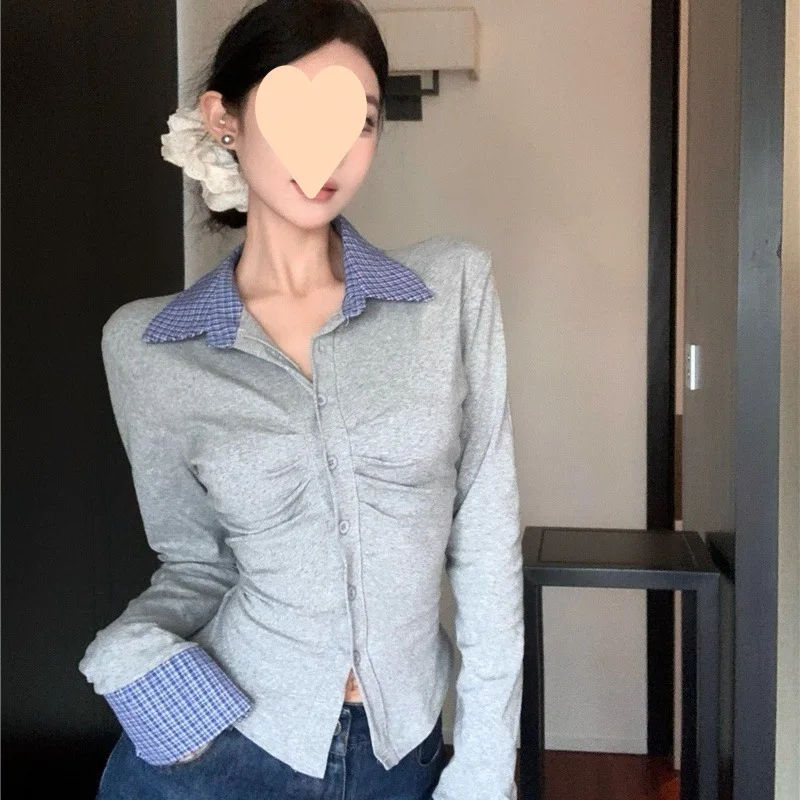 Pure Desire Stijl Patroon Patch Gerimpelde Lange Mouw Tweedelige Tops Voor Vrouwen 2023 Lente Nieuwe Koreaanse Academy Stijl shirt