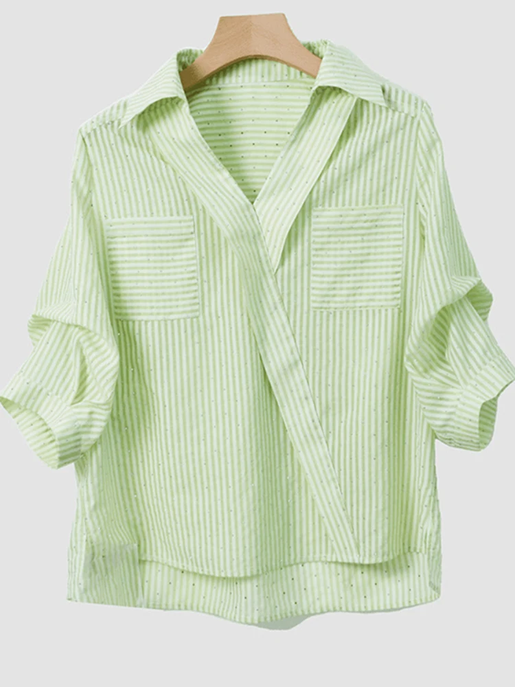 

Модный полосатый дизайн со стразами, универсальный свободный ort Sve, летний новый женский топ Irt, корейский прямой крой