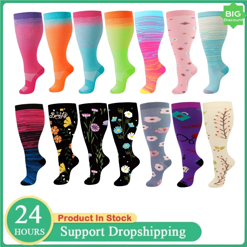 Plus Size 2XL-4XL Compression Socks for Women Men 20-30 mmHg Wide Calf Extra Large Knee High Flight Sock for Circulation Support