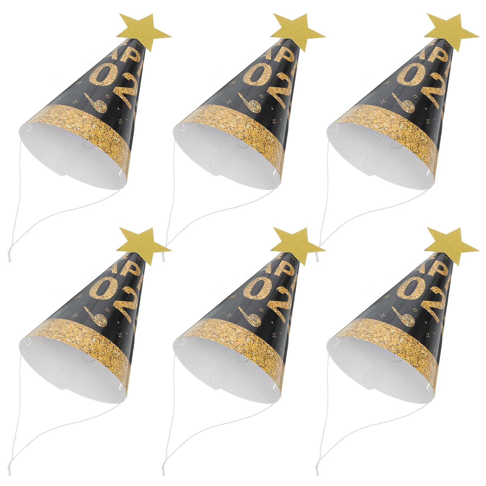 

6pcs Black Gold Paper Hats New Year Party Decorations Luxury Bright Design Comfortable Cone Hat For Adult Nye Celebration Party